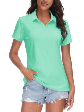 Women mint Green V-Neck Polo Shirt UPF 50+ Quick Dry Sun Protection Top for gym